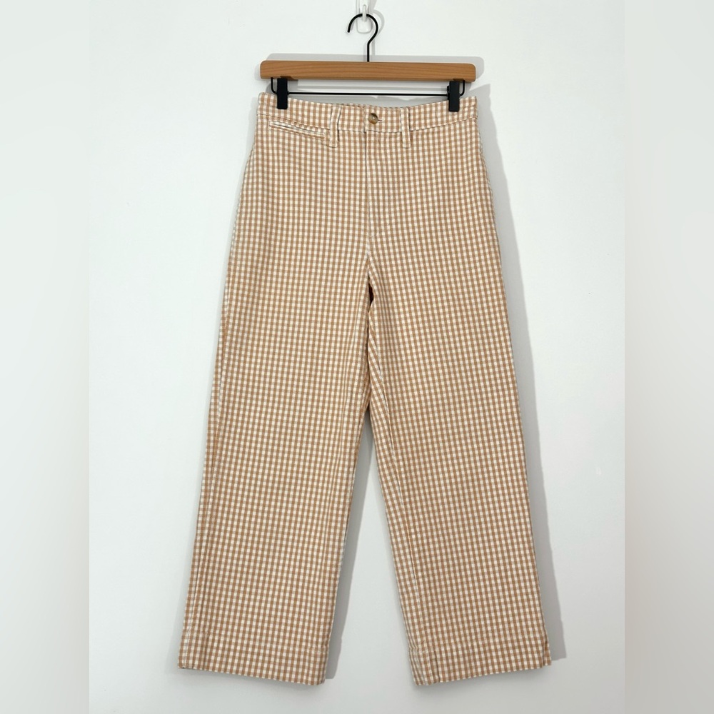 Madewell Gingham Emmett Wide Leg Crop Pants Tan White Size 28 - Picture 2 of 12